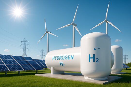 Futuristic Renewable Energy Landscape Featuring Hydrogen Storage Tanks, Solar Panels, and Wind Turbines Under Bright Blue Sky Representing Green Hydrogen Production, Clean Energy Transition