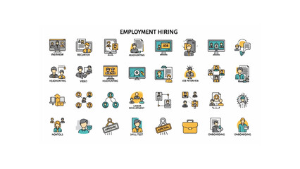 Illustration showing various icons representing the process of employment hiring and recruitment stages