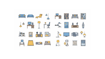 Illustration of various furniture pieces including sofas beds desks and lamps in a grid pattern