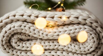 Obraz premium Cozy Chunky Knit Blanket with Warm Fairy Lights – Soft Winter Home Décor Inspiration