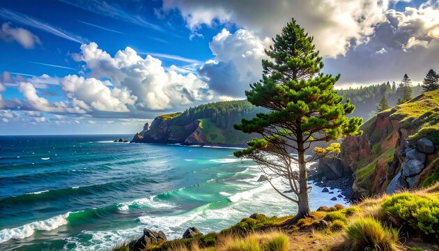 Coastal scene. Verdant pine on a cliffside, overlooking turquoise waves crashing against rocky shores under a bright, dynamic sky