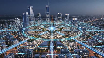 Future cityscapes unfolding with connected lines forming a circular shape, symbolizing intelligent urban planning, digital connectivity, and innovation, showcasing a concept of smart.