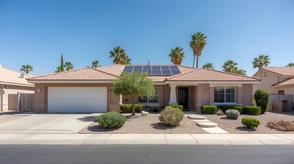 Fototapeta premium Modern single family home with red tile roof solar panels and palm trees in a sunny desert landscape