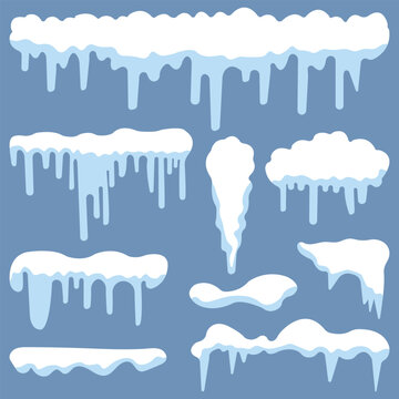 Snowy piles, snow caps, snowballs, and snowdrifts Vector collection. Snow elements on a winter background. Snow ice vector winter frame effect frozen illustration. eps 10