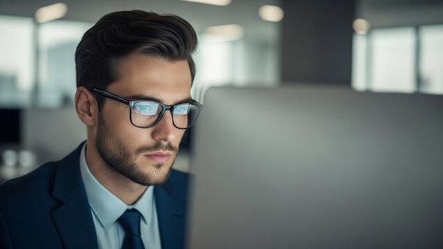 Focused young businessman with glasses looking intently at a computer screen in a modern office.