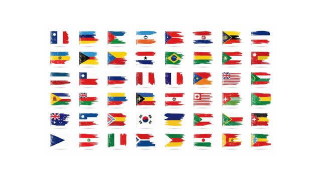 Collection of world flags painted with brush strokes in a grid pattern representing global diversity and unity