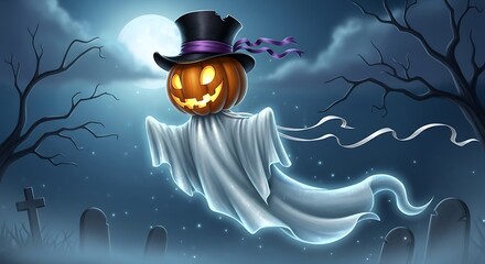Spooky Halloween Ghost with Jack-o-Lantern Head Floating in a Graveyard at Night.