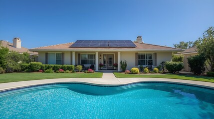 Fototapeta premium A beautiful single family home with a swimming pool and solar panels on the roof on a clear sunny day