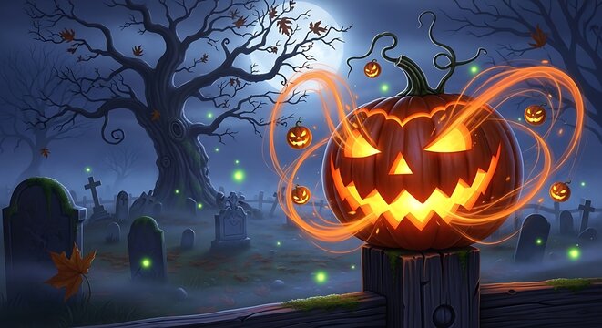 Spooky Halloween Jack O Lantern glowing in a haunted graveyard at night.