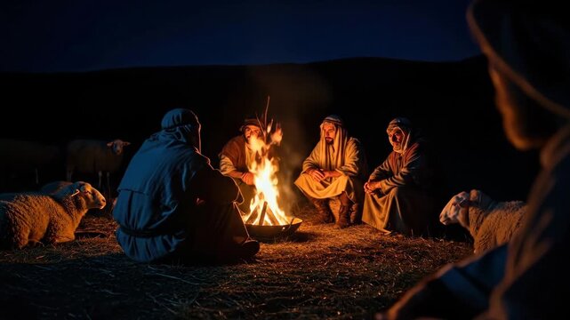Group of men in ancient clothing, some with sheep, gathered around a campfire at night, representing a biblical scene or traditional pastoral life.