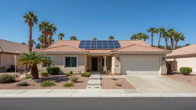 Modern single family home with solar panels on the roof and palm trees in a sunny desert landscape under a clear blue sky