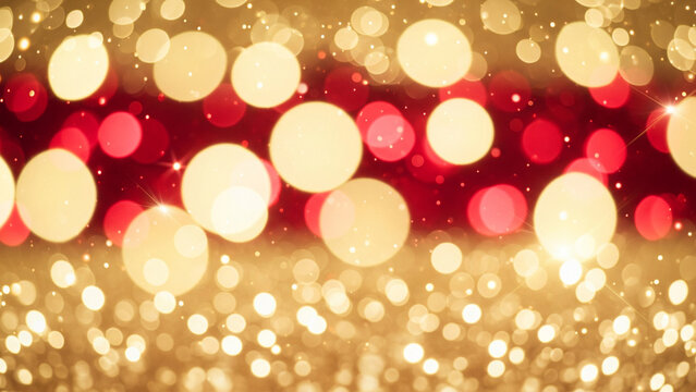 Abstract festive background with glittering golden and red bokeh lights for the holidays.