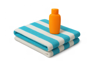 Sunscreen bottle on striped beach towel for summer vacation
