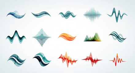 Collection of abstract sound wave illustrations, featuring vibrant colors and dynamic shapes for audio visualization and design