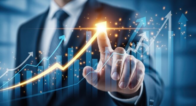 A businessman pointing at a rising graph with a suit and tie in a blue toned environment