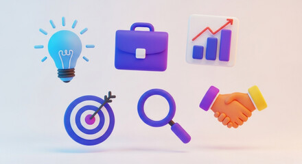 Collection of six vibrant 3d icons on a soft gradient background, representing various business concepts such as ideas, deals, and growth