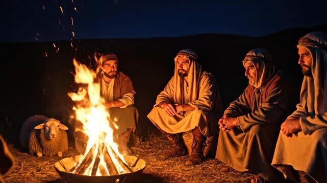 Pastors discussing by a campfire next to sheep at night. Biblical scene of shepherds on Christmas Eve for religious concepts.