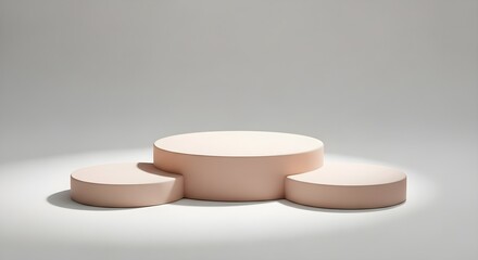 Three round podiums on a light gray background, studio lighting, product display, minimalist