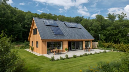 Obraz premium Modern wooden house with solar panels on roof nestled in lush green forest surrounded by trees and manicured lawn