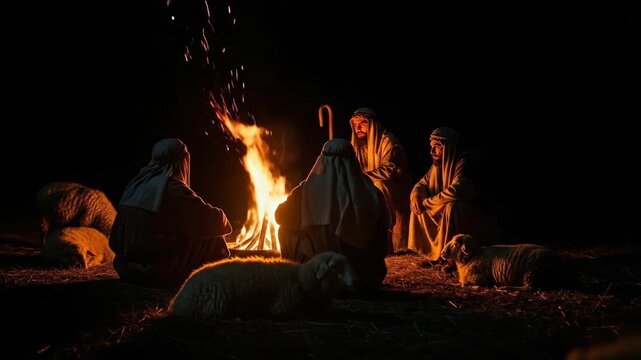 Three biblical men and sheep around a campfire with sparks rising. Nativity scene with shepherds on Christmas Eve during the night.