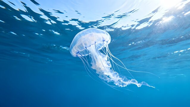 Mesmerizing jellyfish gracefully floats in the clear blue ocean water illuminated by sunlight creating a serene underwater scene perfect for nature enthusiasts and marine biology studies