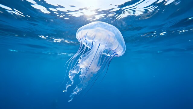 Underwater view showcases a translucent jellyfish gracefully swimming in the deep blue ocean with sunlight filtering through the surface creating a serene and captivating marine scene