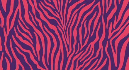 A vibrant and bold abstract zebra print pattern featuring striking reddish-pink stripes on a deep purple background, creating a trendy design.