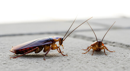 Close-up of two American cockroaches on concrete surface, Low-angle view of reddish-brown cockroaches outdoors, Macro shot of large and small cockroach on textured ground