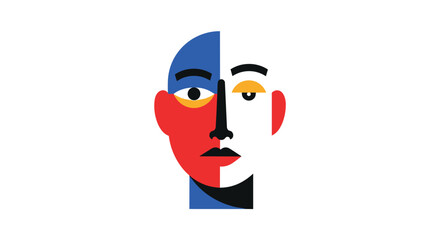 Obraz premium Abstract geometric illustration of a human face split into two distinct halves with contrasting colors, suggesting duality or artistic expression.