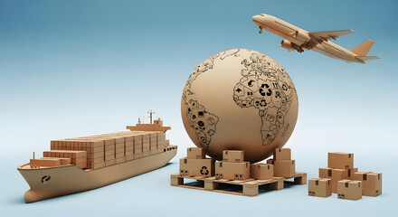 Global Logistics and Shipping Concept in Cardboard Style, International Trade Illustration with Cardboard Globe and Transport, Cardboard-Themed Shipping and Delivery Scene, 3D Cardboard Render of Air,