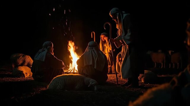 Group of men gather around an open campfire at night, with several sheep nearby, creating a traditional historical scene.