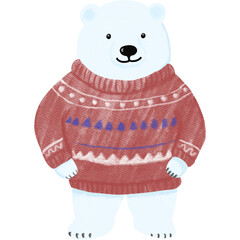 Adorable illustration of a polar bear wearing a cozy red patterned sweater, painted by color pencil. 

