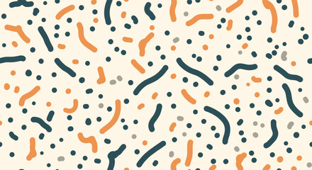 A playful seamless pattern with hand-drawn dark teal lines, orange dashes, and scattered grey dots on a light beige background.