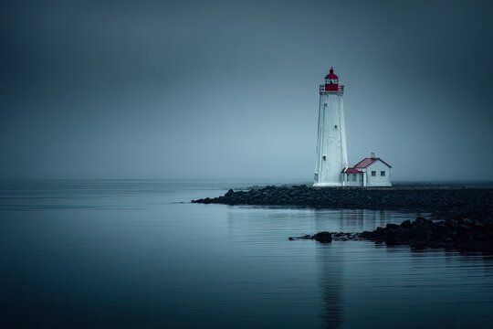 Misty Coastal Lighthouse At Dawn - Powered by Adobe