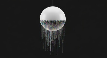 White sphere with colorful pixel stream glitch effect on black background