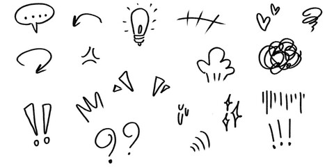 Hand-drawn Doodle Set: Lightbulb, Speech Bubble, and Manga Expressions
