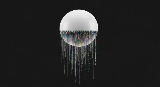 White sphere with colorful pixel stream glitch effect on black background