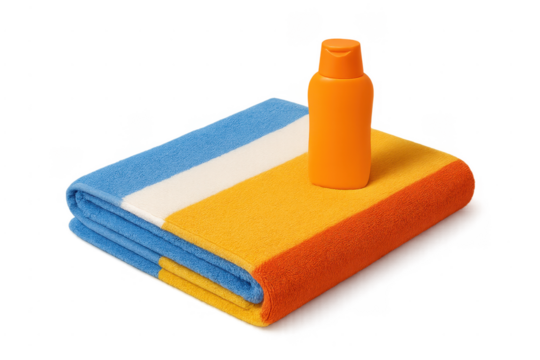 Sunscreen bottle on colorful striped beach towel for summer vacation