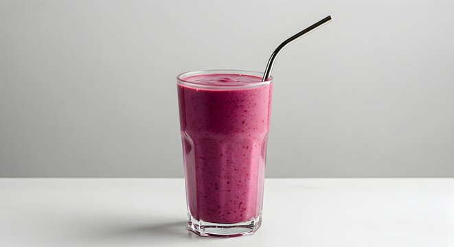 Refreshing berry smoothie in a tall glass with black straw on white surface