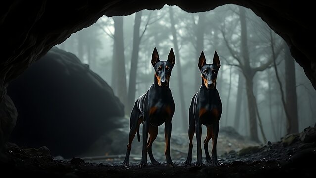 tennessine. A three-headed Doberman stands guard before a dark cave in a misty forest. wildlife magazines, conservation campaigns, designed for nature documentaries and education.