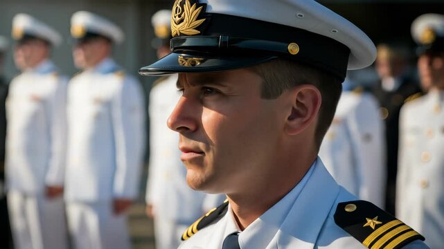 Focused Indian Navy Officer Adjusting His Cap During a Formal Parade, Uniform Details Visible