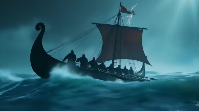 Viking Longships Sailing Under Northern Lights in Arctic Ocean &ndash; Epic Historical Scene