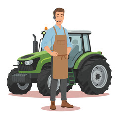 Farmer Standing in Front of a Green Tractor with Apron and Headset.