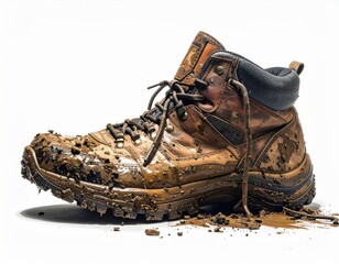 A shoe covered in mud, with white background