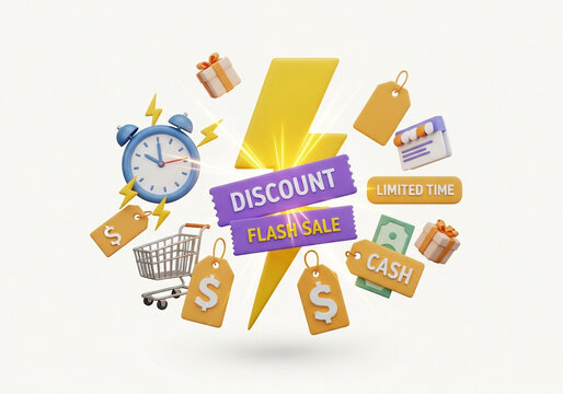 Grab incredible discounts and flash sale deals before time runs out, with cash savings and shopping cart icons for ultimate retail excitement!