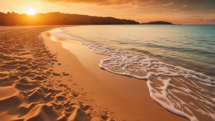 Golden Hour Beach Serenity: Sun-kissed sands meet the tranquil turquoise waves as the sun dips below the horizon, painting the sky with warm hues, evoking peace.