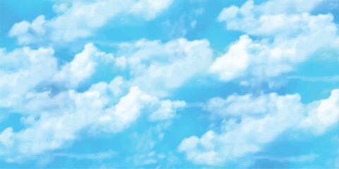 Soft cloudy sky vector background in abstract gradient style. White fluffy clouds on bright blue sky, perfect for website header, banner, wallpaper, or graphic design. Smooth pastel atmosphere art.