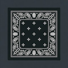 Black bandana with white paisley and skull design