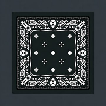 Black bandana with white paisley and skull design
