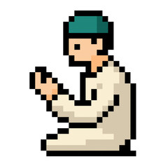 Naklejka premium Pixel art muslim man praying during ramadan